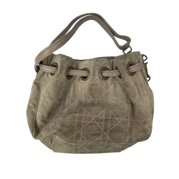 Christian Dior Cannage D Charm Gray Drawstring Shoulder Bucket Bag Handbag OS - Picture 2 of 16